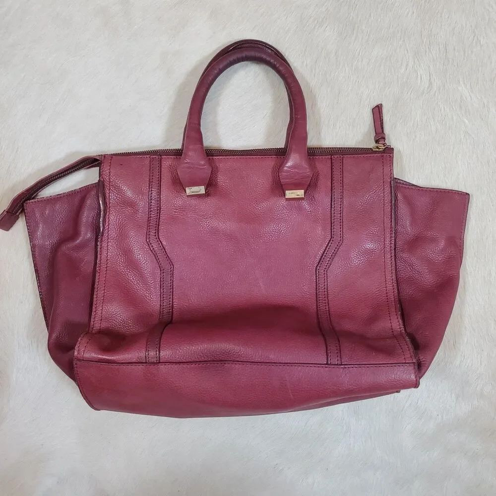 Zara Women's Large Genuine Leather Tote Bag Burgundy Gold Hardware Satchel